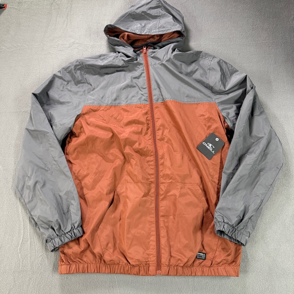 O’Neill Explore Windbreaker Jacket Mens XL NWT Charcoal Gray Orange Hooded